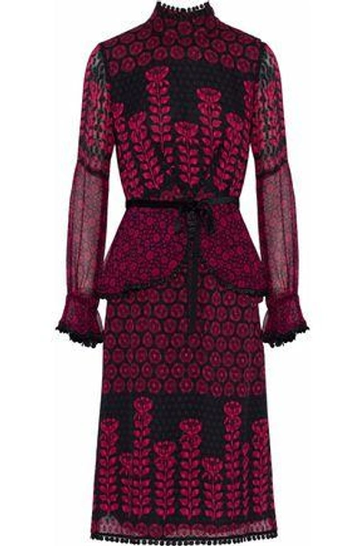 Shop Anna Sui Woman Embroidered Lace-trimmed Printed Fil Coupé Silk Dress Black