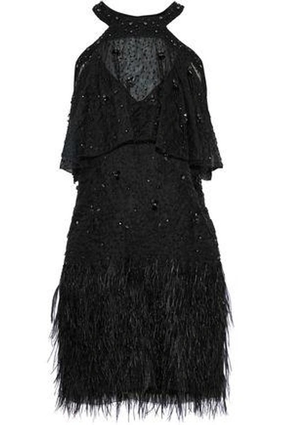 Shop Elie Tahari Woman Tristana Cold-shoulder Embellished Silk Mini Dress Black