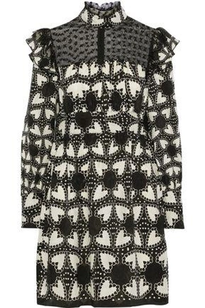 Shop Anna Sui Woman Flocked Tulle-paneled Printed Silk-blend Jacquard Dress Black