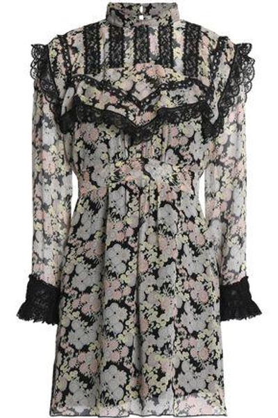 Shop Anna Sui Lace-trimmed Floral-print Silk-georgette Mini Dress In Black