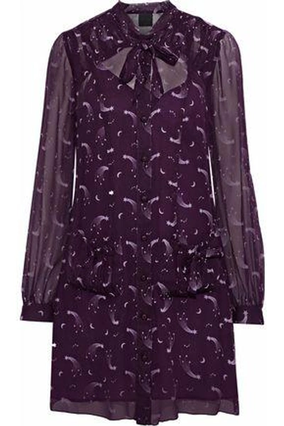 Shop Anna Sui Woman Pussy-bow Printed Chiffon Mini Shirt Dress Purple