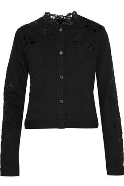 Shop Elie Tahari Woman Meggy Guipure Lace-paneled Embellished Denim Jacket Black