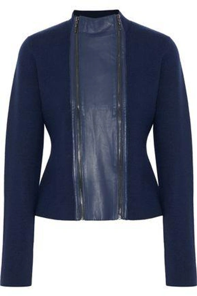 Shop Elie Tahari Woman Amanka Leather-paneled Ribbed Wool Sweater Navy