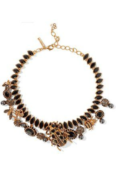 Shop Oscar De La Renta Woman Gold-tone, Crystal And Faux Pearl Necklace Black