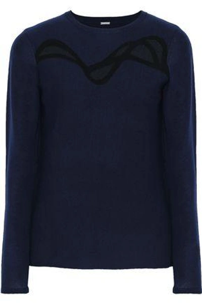 Shop Elie Tahari Woman Oleandra Tulle-paneled Intarsia Merino Wool Sweater Navy