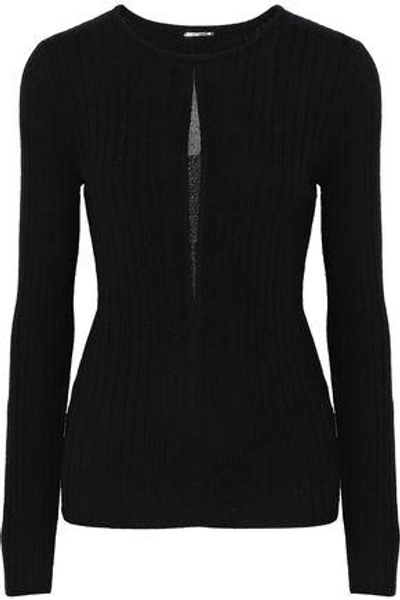 Shop Elie Tahari Lyndi Metallic Tulle-trimmed Ribbed Merino Wool Sweater In Black