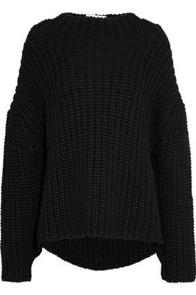 Shop Oscar De La Renta Woman Open-knit Wool Sweater Black