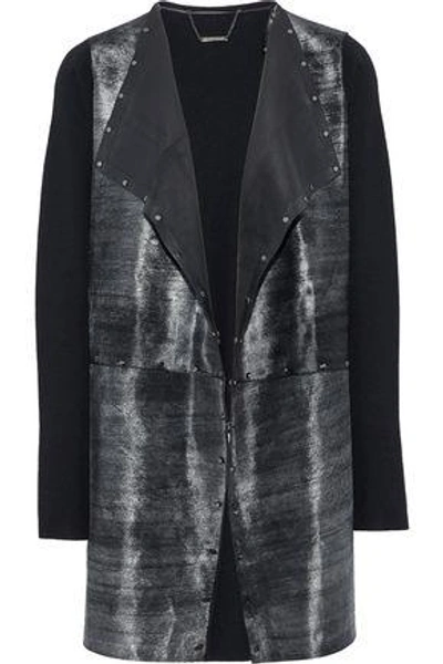 Shop Elie Tahari Woman Lakshmi Studded Calf Hair-paneled Merino Wool Jacket Black