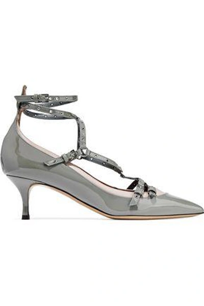 Shop Valentino Garavani Woman Love Latch Eyelet-embellished Smooth And Patent-leather Pumps Gray
