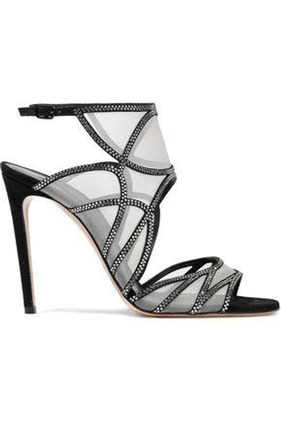 Shop Casadei Crystal-embellished Suede And Mesh Sandals In Silver