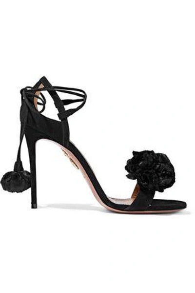 Shop Aquazzura Woman Wild Flower Velvet-appliquéd Suede Sandals Black