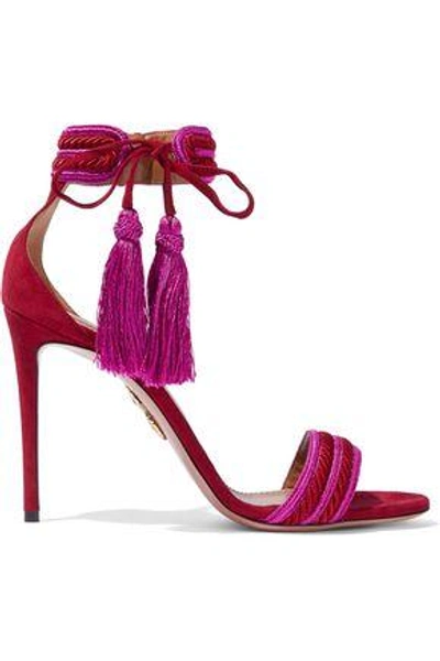 Shop Aquazzura Woman Shanty Embroidered Suede Sandals Crimson