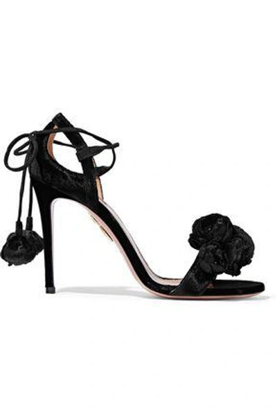 Shop Aquazzura Wild Flower Appliquéd Velvet Sandals In Black