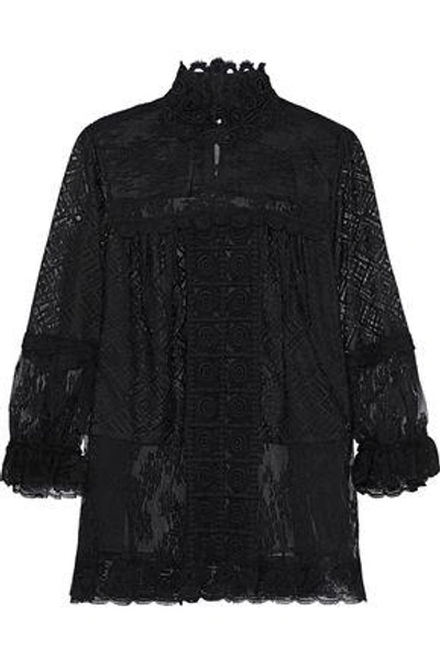 Shop Anna Sui Woman Ruffle-trimmed Crochet-knit Blouse Black