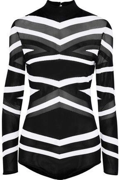 Shop Zuhair Murad Woman Mesh-paneled Striped Stretch-knit Bodysuit Black