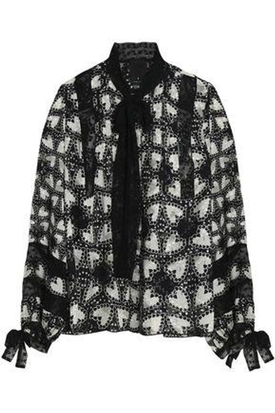 Shop Anna Sui Flocked Tulle-trimmed Printed Silk-blend Jacquard Blouse In Black