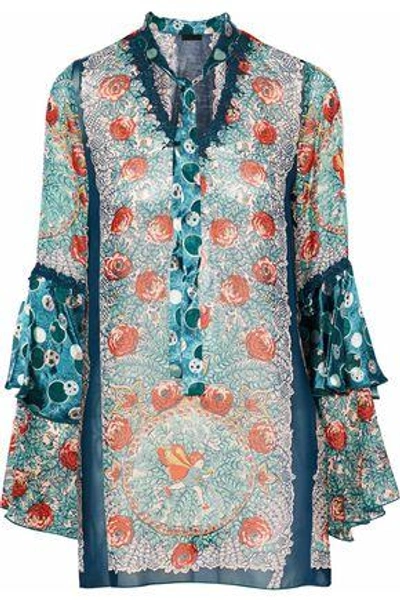 Shop Anna Sui Woman Flower Child Pussy-bow Silk-chiffon Tunic Teal