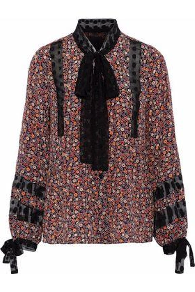 Shop Anna Sui Woman Point D'esprit-trimmed Floral-print Silk Crepe De Chine Blouse Black