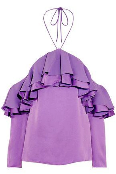 Shop Emilio Pucci Woman Off-the-shoulder Ruffled Satin Halterneck Blouse Lavender