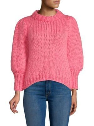 Shop Ganni Julliard Wool-blend Puff Sleeve Sweater In Hot Pink