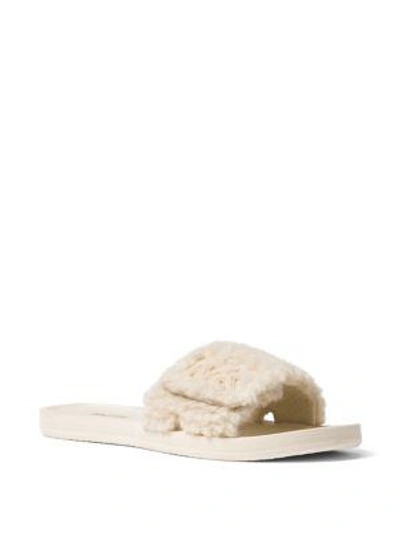 Shop Michael Michael Kors Faux Shearling Logo Slides In Natural