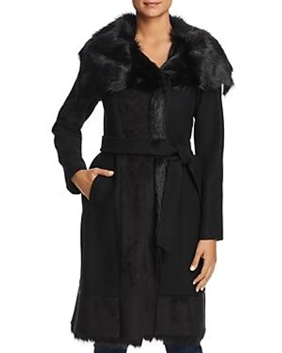Shop Vince Camuto Faux Fur Trim Belted Wrap Coat In Black