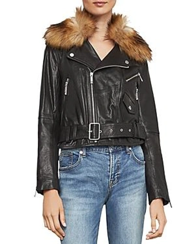 Shop Bcbgmaxazria Kaylee Faux Fur-trim Leather Moto Jacket In Black
