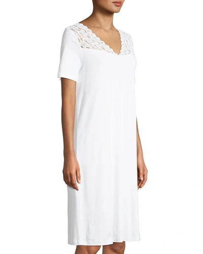 Shop Hanro Short-sleeve Lace-trim Nightdress In White