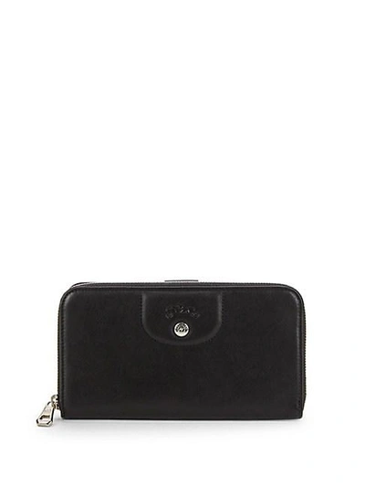 Shop Longchamp Le Pliage Cuir Leather Zip-around Wallet In Black