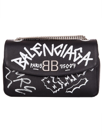 Shop Balenciaga Bb Graffiti Shoulder Bag In Nero-bianco