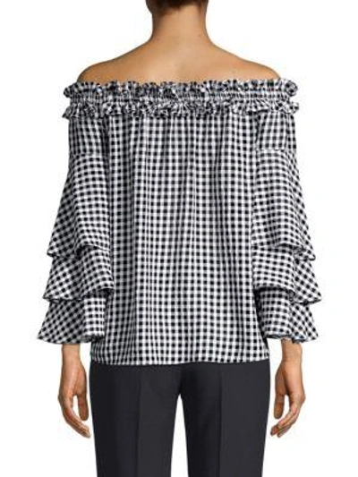 Shop Michael Kors Off-the-shoulder Gingham Tierred Sleeve Top In Black White