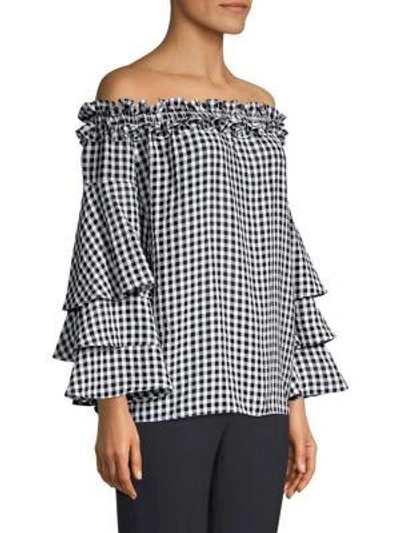Shop Michael Kors Off-the-shoulder Gingham Tierred Sleeve Top In Black White