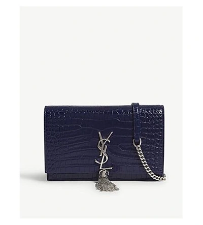 Shop Saint Laurent Monogram Kate Crocodile-embossed Leather Wallet-on-chain In Saphire/silver