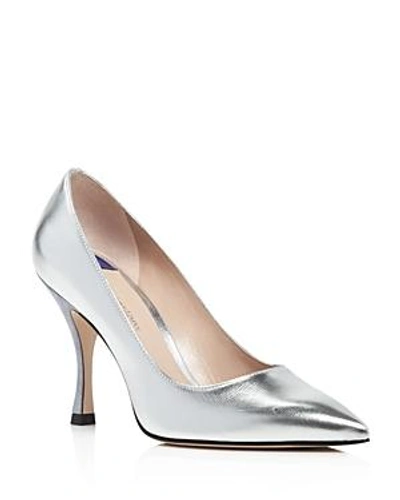 Shop Stuart Weitzman Women's Tippi 95 Pointed Toe Leather High-heel Pumps In Silver