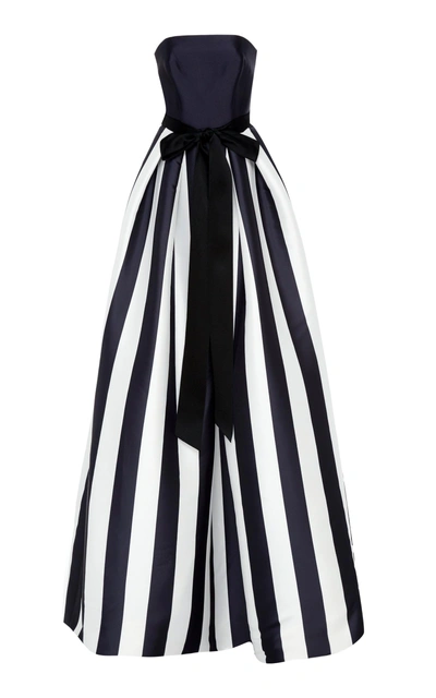 Shop Monique Lhuillier Strapless Striped Satin Ball Gown In Black/white