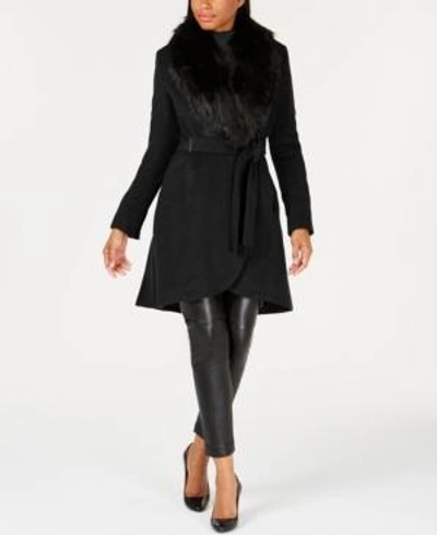 Shop Calvin Klein Petite Faux-fur-collar Coat In Black