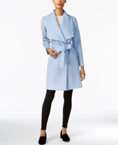 Shop Cole Haan Petite Belted Wrap Coat In Ice Blue