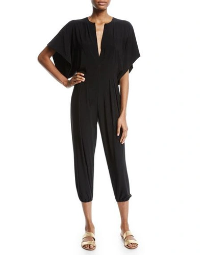 Shop Norma Kamali Rectangle Plunging Kimono-sleeve Jogger Jumpsuit In Black