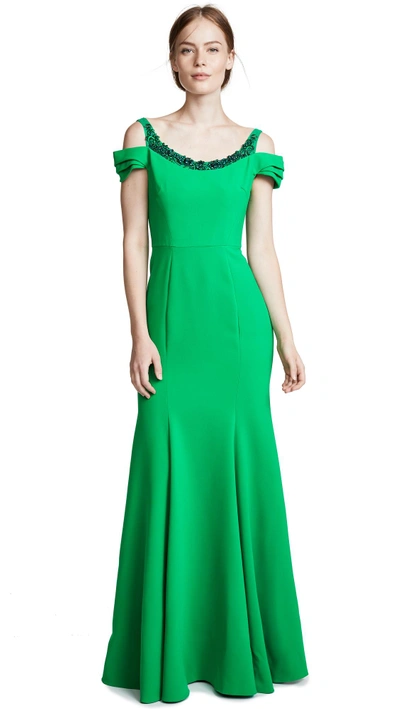 Shop Marchesa Notte Cold Shoulder Gown With Beaded Embellishment In Emerald