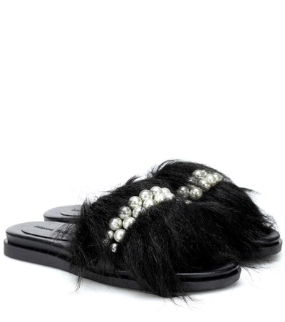 Shop Simone Rocha Embellished Faux-fur Slides In Black