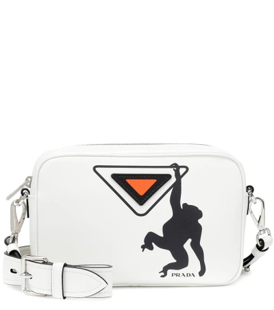 Shop Prada Printed Leather Shoulder Bag In White