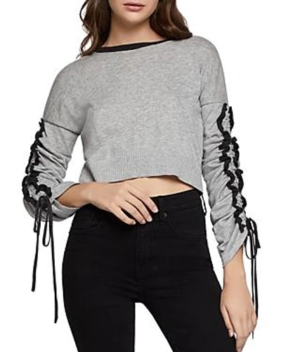 Shop Bcbgeneration Ruffle-sleeve Cropped Sweater In Light Gray Combo