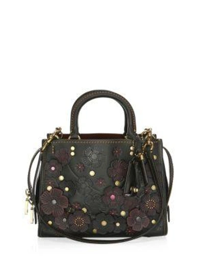 Shop Coach Rose Applique Pebble Leather Shoulder Bag In Black Marigold