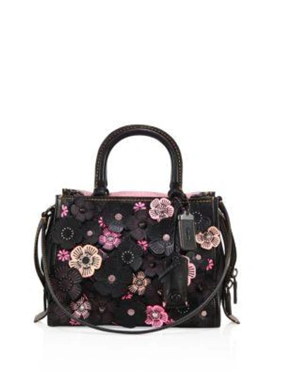 Shop Coach Rose Applique Pebble Leather Shoulder Bag In Black Marigold