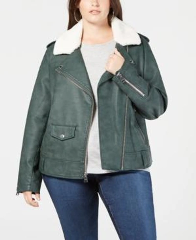 Shop Levi's Plus Size Faux-leather Fleece-trimmed Moto Jacket In Green