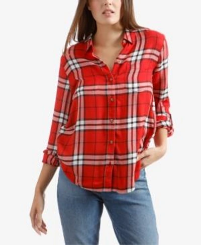 Shop Lucky Brand Plaid Tab-sleeve Side-button Top In Red Multi