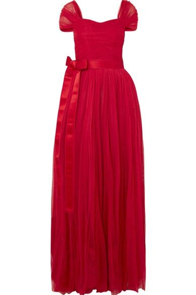 Shop Dolce & Gabbana Belted Silk-chiffon Gown In Red