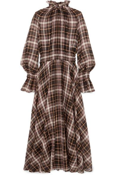 Shop Beaufille Shirred Checked Cotton And Silk-blend Maxi Dress In Brown