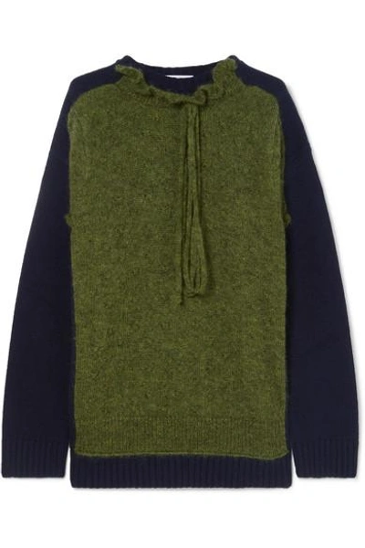 Shop Jw Anderson Ruffle-trimmed Two-tone Merino Wool-blend Sweater In Army Green