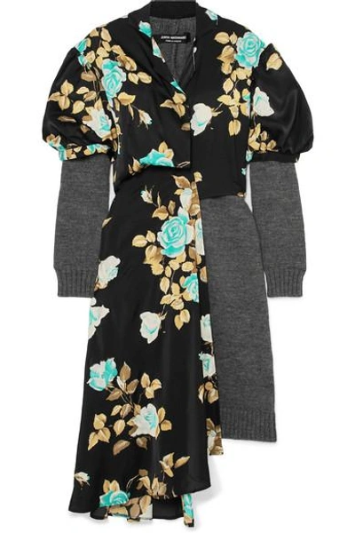 Shop Junya Watanabe Layered Wool And Floral-print Satin Dress In Black